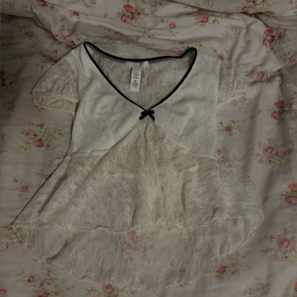 Cream Lace Blouse with Black Trim